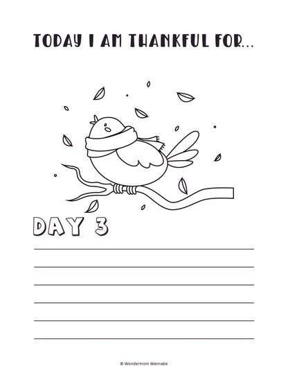 Introducing the "Gratitude Journal for Kids" by Wondermom Shop—a black and white coloring sheet featuring a bird on a branch, with "Today I Am Thankful For..." text at the top and "Day 3" followed by blank lines for writing. This is the perfect addition to any kids' gratitude journal or digital product collection.