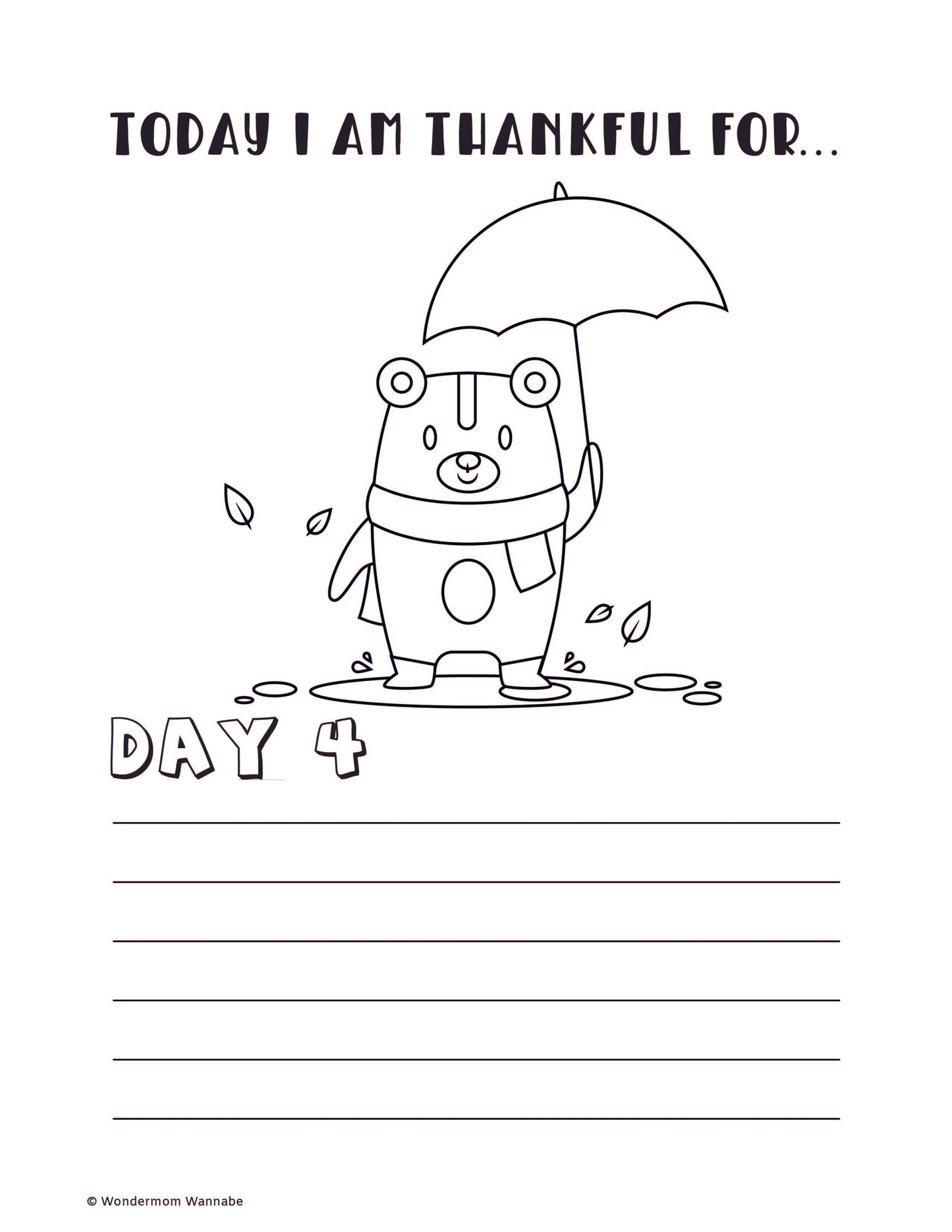 This black and white illustration, part of the Wondermom Shop's "Gratitude Journal for Kids," features a bear holding an umbrella amidst falling leaves. The top of the page reads "Today I am thankful for..." with "Day 4" below and includes blank lines for children to write on, making it a fun and engaging activity.