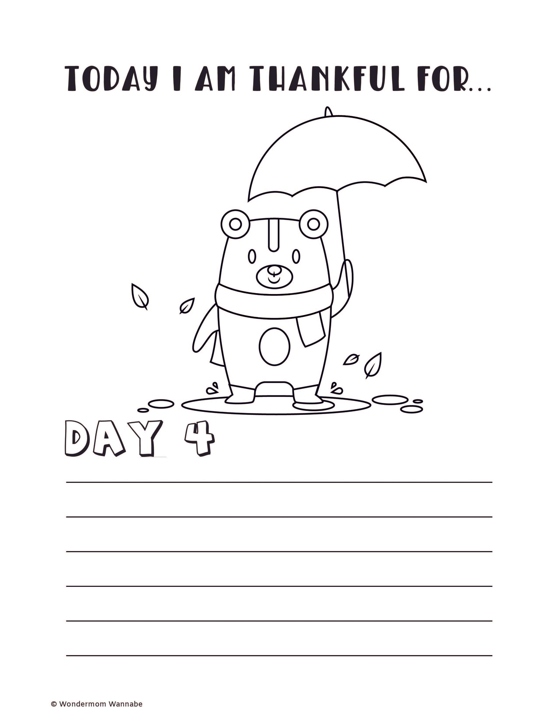 This black and white illustration, part of the Wondermom Shop's "Gratitude Journal for Kids," features a bear holding an umbrella amidst falling leaves. The top of the page reads "Today I am thankful for..." with "Day 4" below and includes blank lines for children to write on, making it a fun and engaging activity.