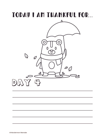 This black and white illustration, part of the Wondermom Shop's "Gratitude Journal for Kids," features a bear holding an umbrella amidst falling leaves. The top of the page reads "Today I am thankful for..." with "Day 4" below and includes blank lines for children to write on, making it a fun and engaging activity.