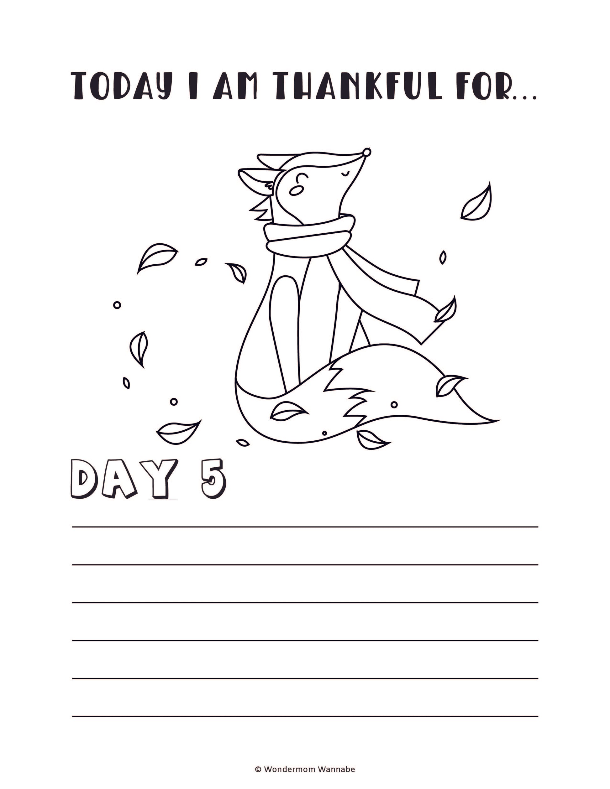 A charming black and white illustration of a fox wearing a scarf, seated among falling leaves. The text reads, "Today I am thankful for... Day 5" with lines below for children to write. Part of the "Gratitude Journal for Kids" by Wondermom Shop, this delightful page is perfect for kids.