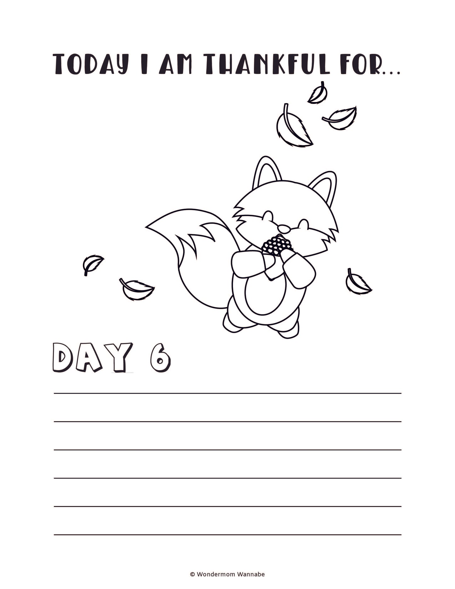 The "Gratitude Journal for Kids" by Wondermom Shop includes a printable worksheet for day 6, featuring a charming fox illustration and lined spaces under the header "Today I am thankful for...". This digital product is perfect for helping kids reflect on their blessings.