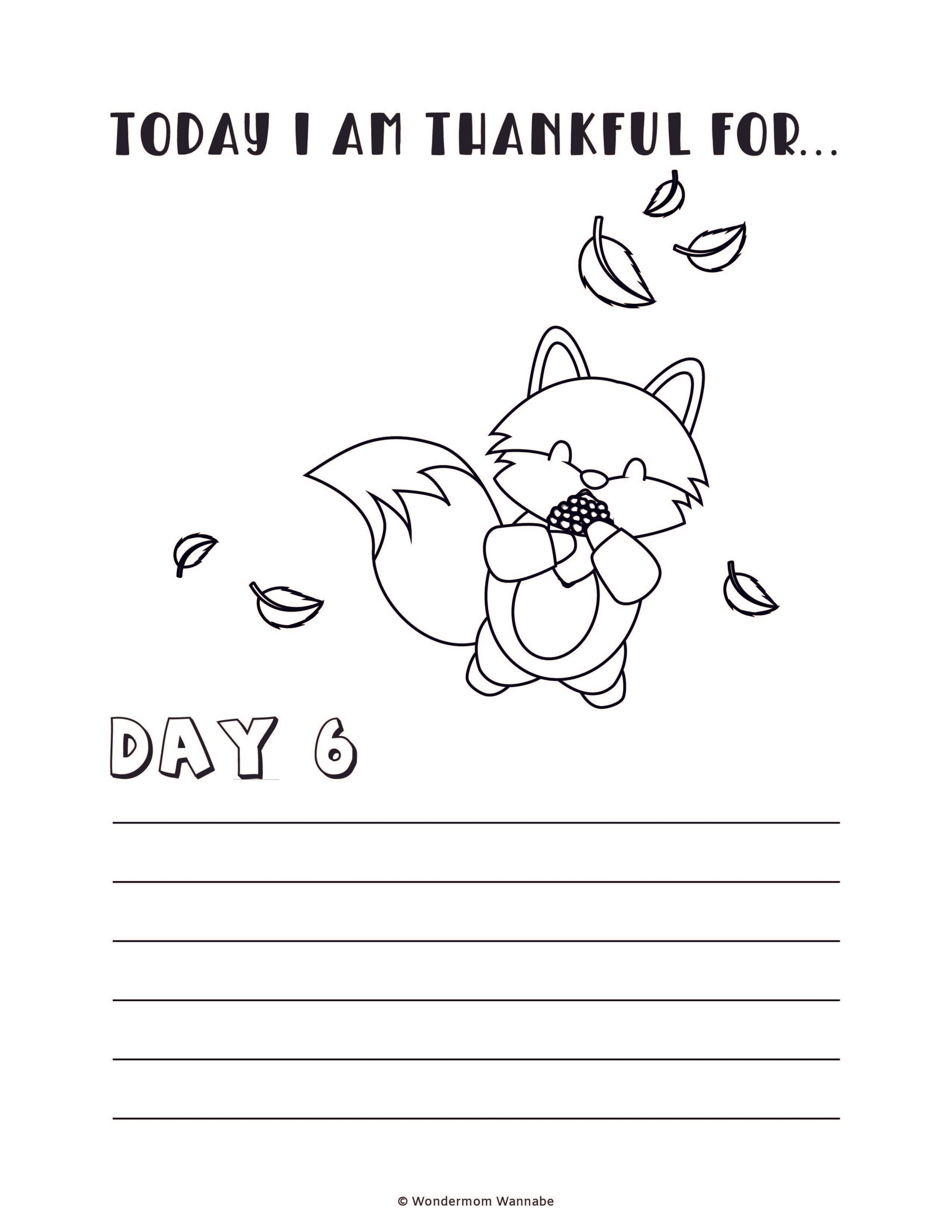 The "Gratitude Journal for Kids" by Wondermom Shop includes a printable worksheet for day 6, featuring a charming fox illustration and lined spaces under the header "Today I am thankful for...". This digital product is perfect for helping kids reflect on their blessings.