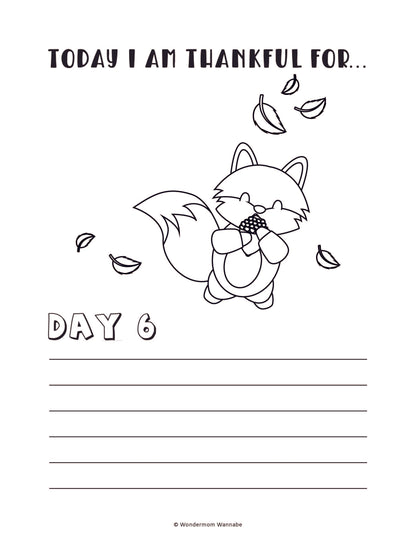 The "Gratitude Journal for Kids" by Wondermom Shop includes a printable worksheet for day 6, featuring a charming fox illustration and lined spaces under the header "Today I am thankful for...". This digital product is perfect for helping kids reflect on their blessings.