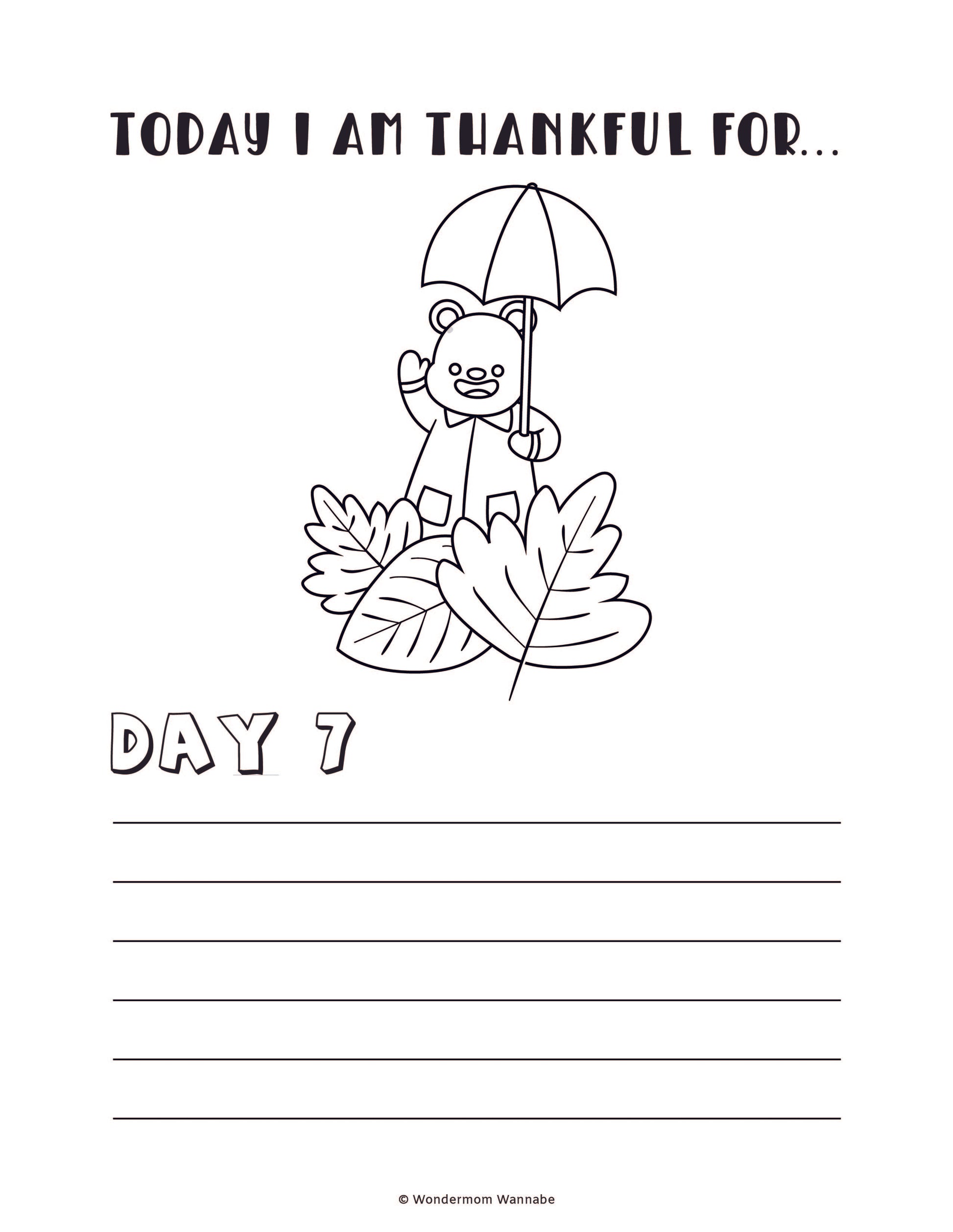 Introducing the "Gratitude Journal for Kids" by Wondermom Shop: a delightful coloring page titled "Today I am thankful for..." featuring an adorable bear holding an umbrella and standing on leaves. It includes "Day 7" at the bottom with lines for writing, making it perfect for a fun and engaging gratitude journal activity!