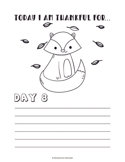 The "Gratitude Journal for Kids" by Wondermom Shop is a digital product designed for children, featuring a worksheet titled "Today I am thankful for..." with an enchanting drawing of a fox surrounded by falling leaves. Below, marked "Day 8," are lines where kids can write to nurture their gratitude journaling adventure.