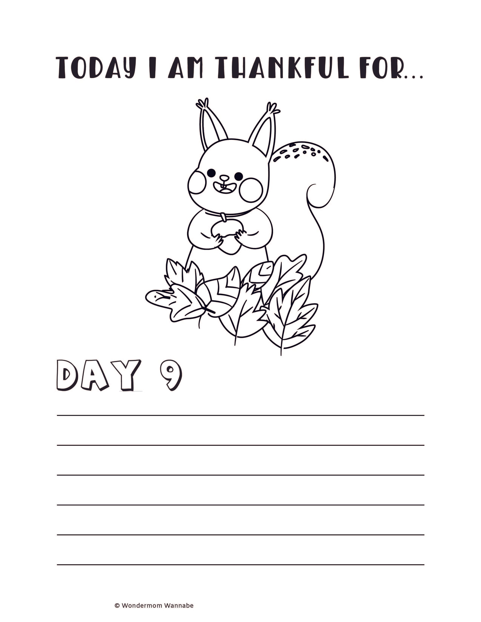 A black-and-white illustration of a squirrel holding an acorn, surrounded by leaves, with the text "Today I am thankful for... Day 9" and blank lines for writing beneath it. This design from the Gratitude Journal for Kids by Wondermom Shop is perfect for children's gratitude journals or as a digital product to encourage daily reflection.