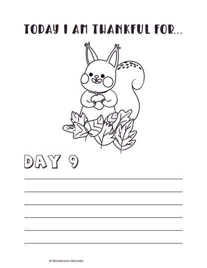 A black-and-white illustration of a squirrel holding an acorn, surrounded by leaves, with the text "Today I am thankful for... Day 9" and blank lines for writing beneath it. This design from the Gratitude Journal for Kids by Wondermom Shop is perfect for children's gratitude journals or as a digital product to encourage daily reflection.