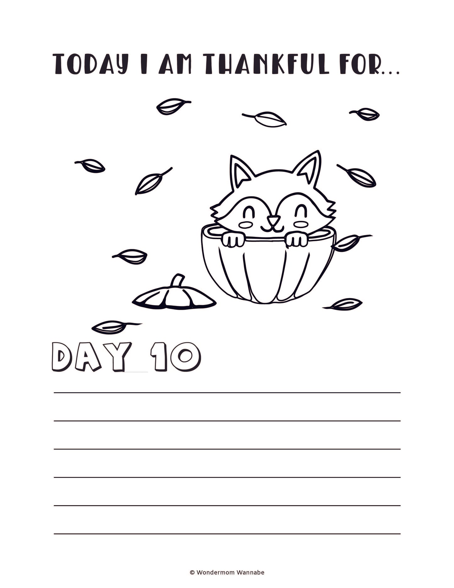 Introducing the Gratitude Journal for Kids by Wondermom Shop, a digital product featuring a coloring sheet titled "Today I am Thankful For..." that showcases a smiling cat inside a pumpkin with room to write gratitude statements for "Day 10." Perfectly designed for children, it includes small leaves and pumpkins scattered around, making it an ideal addition to their gratitude journaling experience.