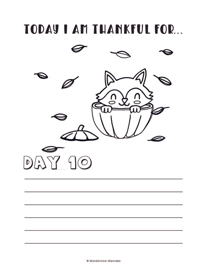 Introducing the Gratitude Journal for Kids by Wondermom Shop, a digital product featuring a coloring sheet titled "Today I am Thankful For..." that showcases a smiling cat inside a pumpkin with room to write gratitude statements for "Day 10." Perfectly designed for children, it includes small leaves and pumpkins scattered around, making it an ideal addition to their gratitude journaling experience.