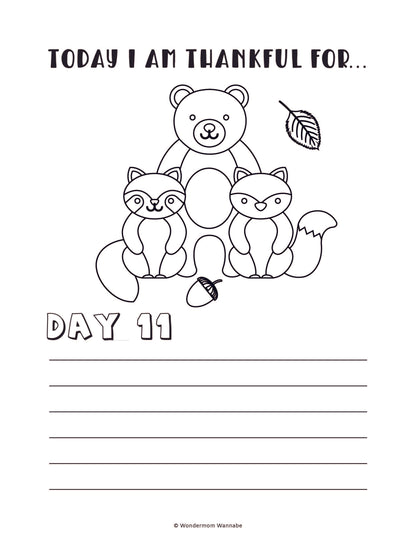 Presenting the Gratitude Journal for Kids by Wondermom Shop: a black and white worksheet featuring an adorable illustration of a bear and two foxes. Labeled "Today I am thankful for..." with blank lines for personalized writing, this digital product is an ideal way to engage kids on Day 11 of their gratitude journey.