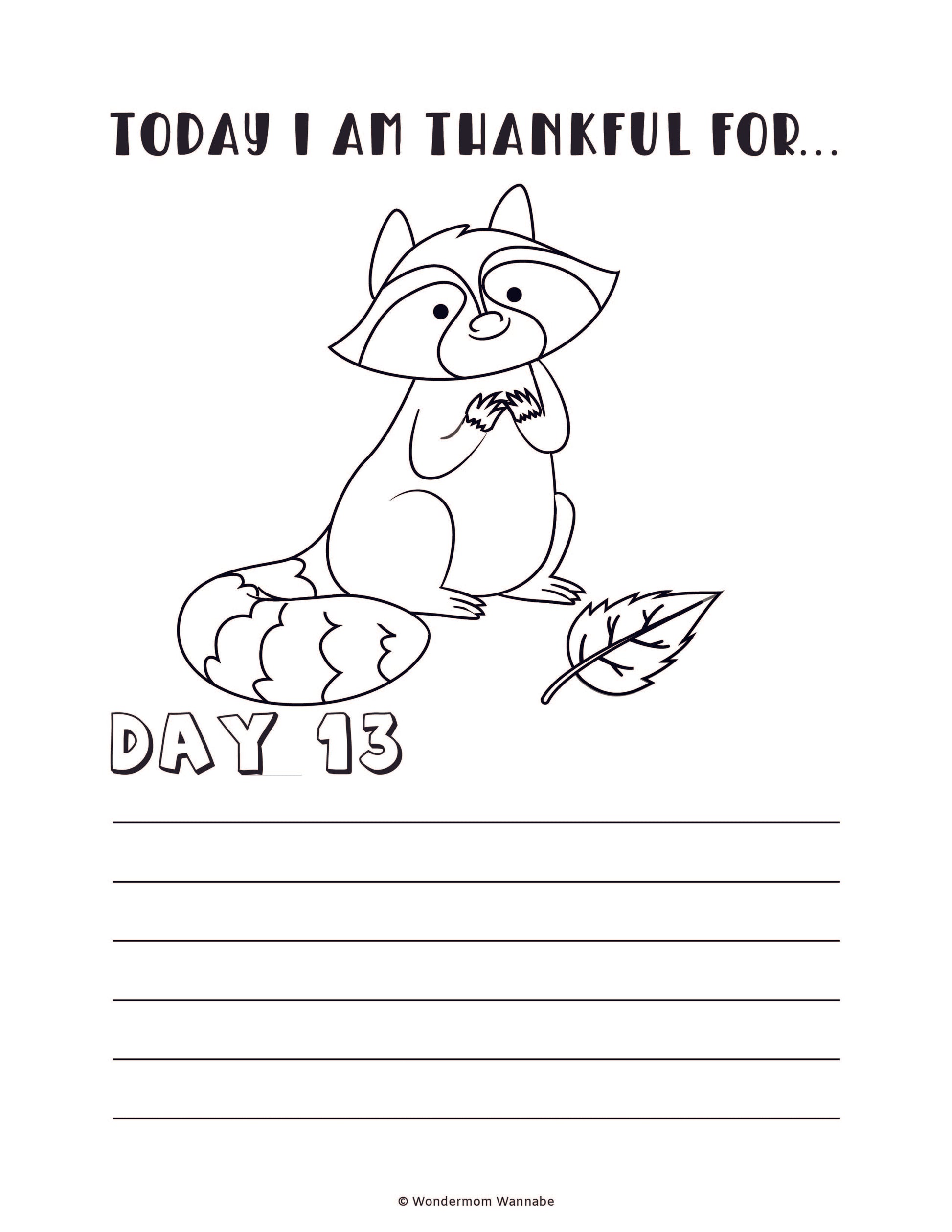 The "Gratitude Journal for Kids" from Wondermom Shop includes a delightful coloring page specifically created for children. It features an adorable raccoon holding its paws together, a fallen leaf, and the phrase "Today I Am Thankful For... Day 13," with blank lines below it for writing responses. This digital product is a perfect way to engage young minds in grateful reflection and makes an excellent addition to any gratitude journal.