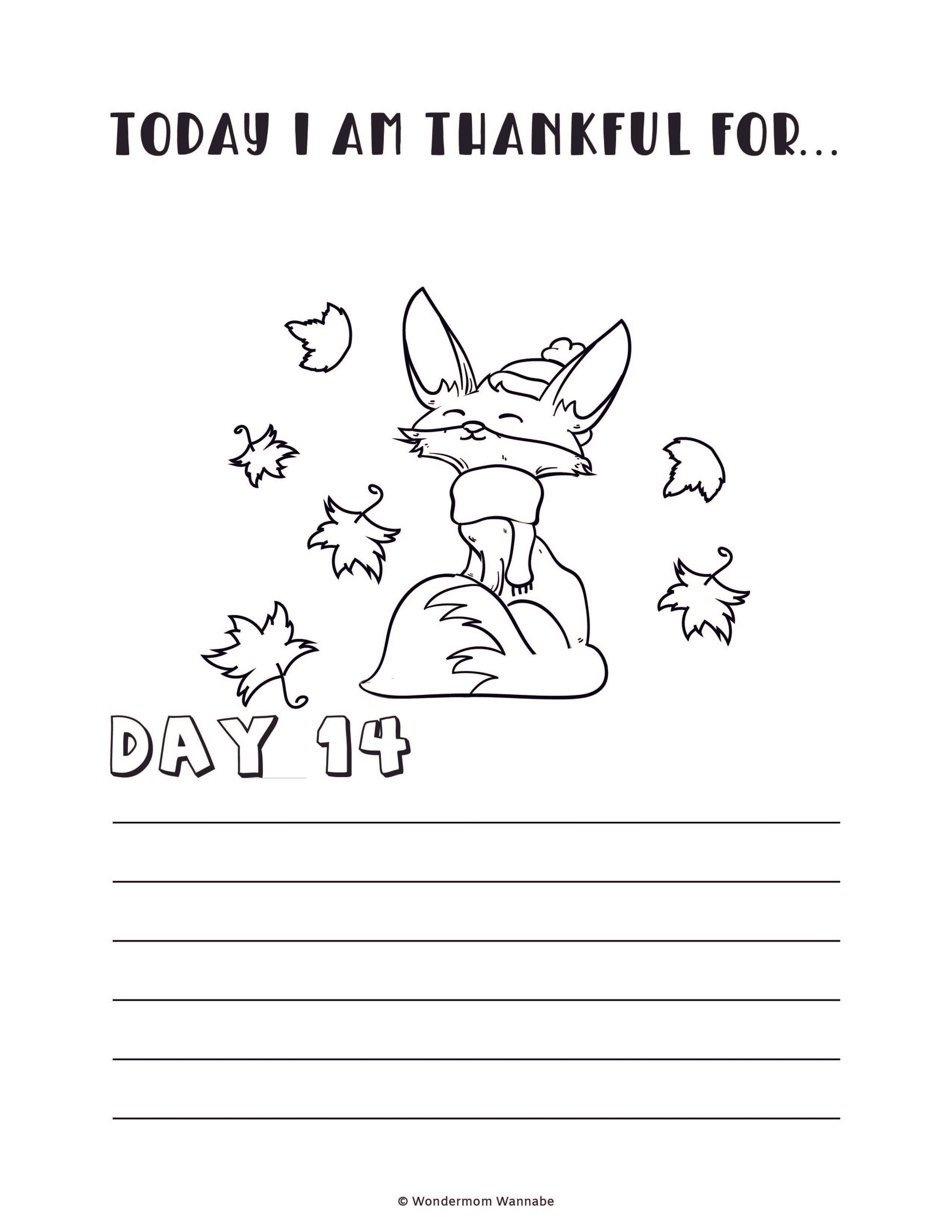The "Gratitude Journal for Kids" by Wondermom Shop features a charming black and white illustration perfect for children. It showcases the prompt "Today I am thankful for... Day 14" above an adorable fox wearing a cap and scarf, surrounded by fall leaves. Blank lines below the illustration offer space for personal reflections, making it an ideal digital addition to any gratitude journal.