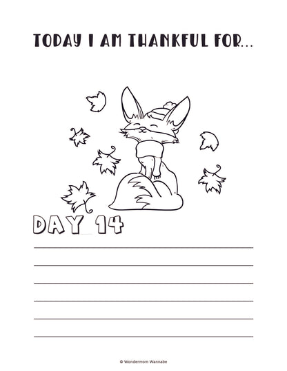 The "Gratitude Journal for Kids" by Wondermom Shop features a charming black and white illustration perfect for children. It showcases the prompt "Today I am thankful for... Day 14" above an adorable fox wearing a cap and scarf, surrounded by fall leaves. Blank lines below the illustration offer space for personal reflections, making it an ideal digital addition to any gratitude journal.