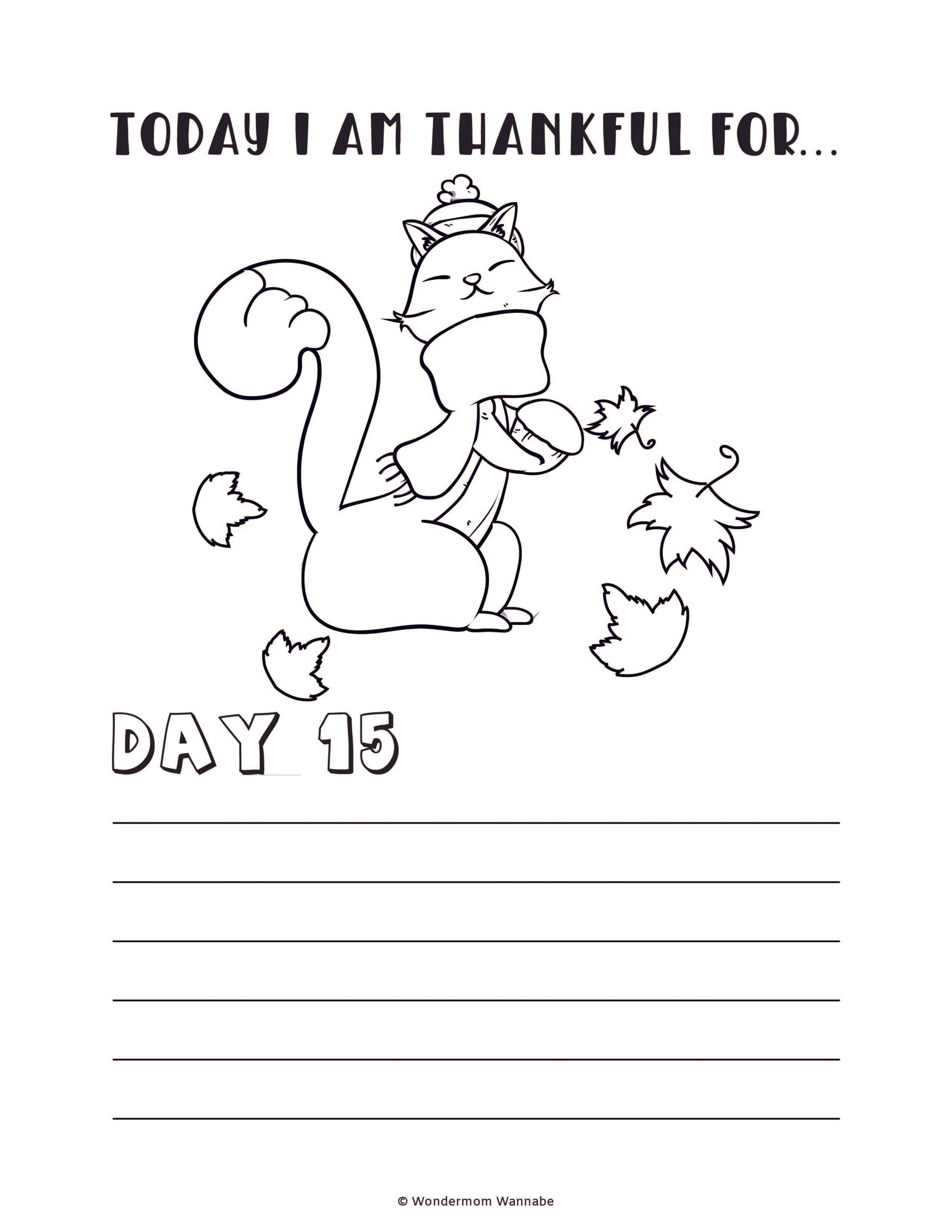 An illustrated black and white page features a cat wearing a scarf and hat, surrounded by leaves. The title reads "Today I Am Thankful For...," followed by "Day 15" and blank lines for writing. Perfect for kids, the Wondermom Shop's Gratitude Journal for Kids is available as a digital product for easy access.