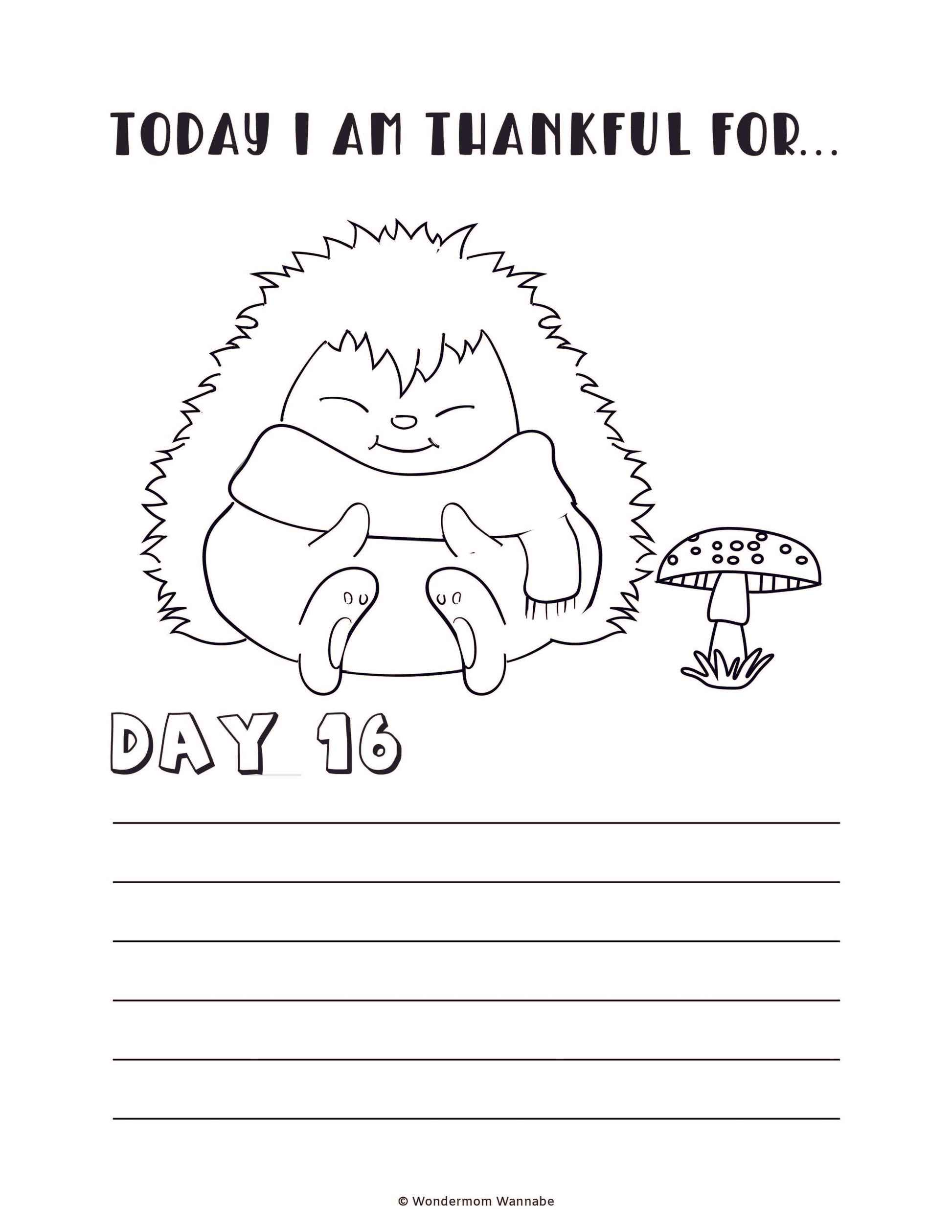 The "Gratitude Journal for Kids" by Wondermom Shop features a black-and-white illustration of a hedgehog in a scarf next to a mushroom, with the text "Today I am thankful for... Day 16" above and below it, as well as lines for writing. This digital product is perfect for encouraging kids to keep a gratitude journal!