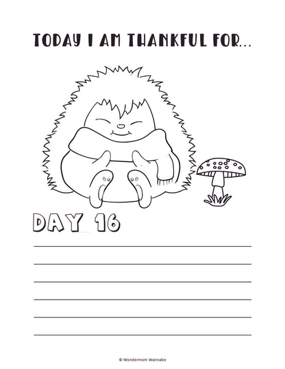 The "Gratitude Journal for Kids" by Wondermom Shop features a black-and-white illustration of a hedgehog in a scarf next to a mushroom, with the text "Today I am thankful for... Day 16" above and below it, as well as lines for writing. This digital product is perfect for encouraging kids to keep a gratitude journal!