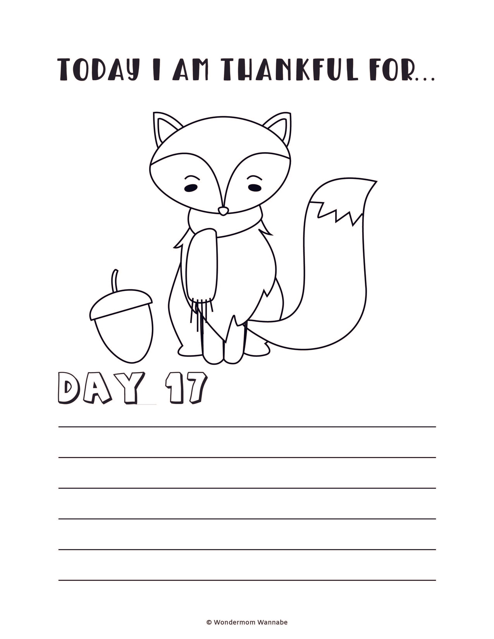 A digital coloring sheet from the Wondermom Shop's "Gratitude Journal for Kids," featuring a fox, an acorn, text saying "Today I am thankful for... Day 17," and blank lines where kids can write down their thoughts of gratitude.