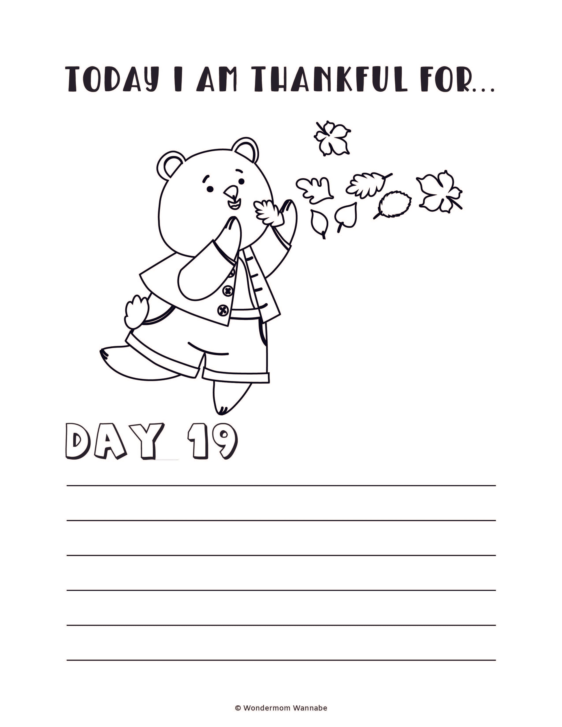 The "Gratitude Journal for Kids" by Wondermom Shop features a charming black and white coloring page of a bear blowing leaves, accompanied by the text "Today I am thankful for... Day 19" and lines for writing. This digital product is perfect for children and makes an excellent addition to any gratitude journal.
