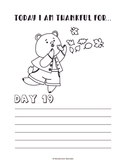 The "Gratitude Journal for Kids" by Wondermom Shop features a charming black and white coloring page of a bear blowing leaves, accompanied by the text "Today I am thankful for... Day 19" and lines for writing. This digital product is perfect for children and makes an excellent addition to any gratitude journal.