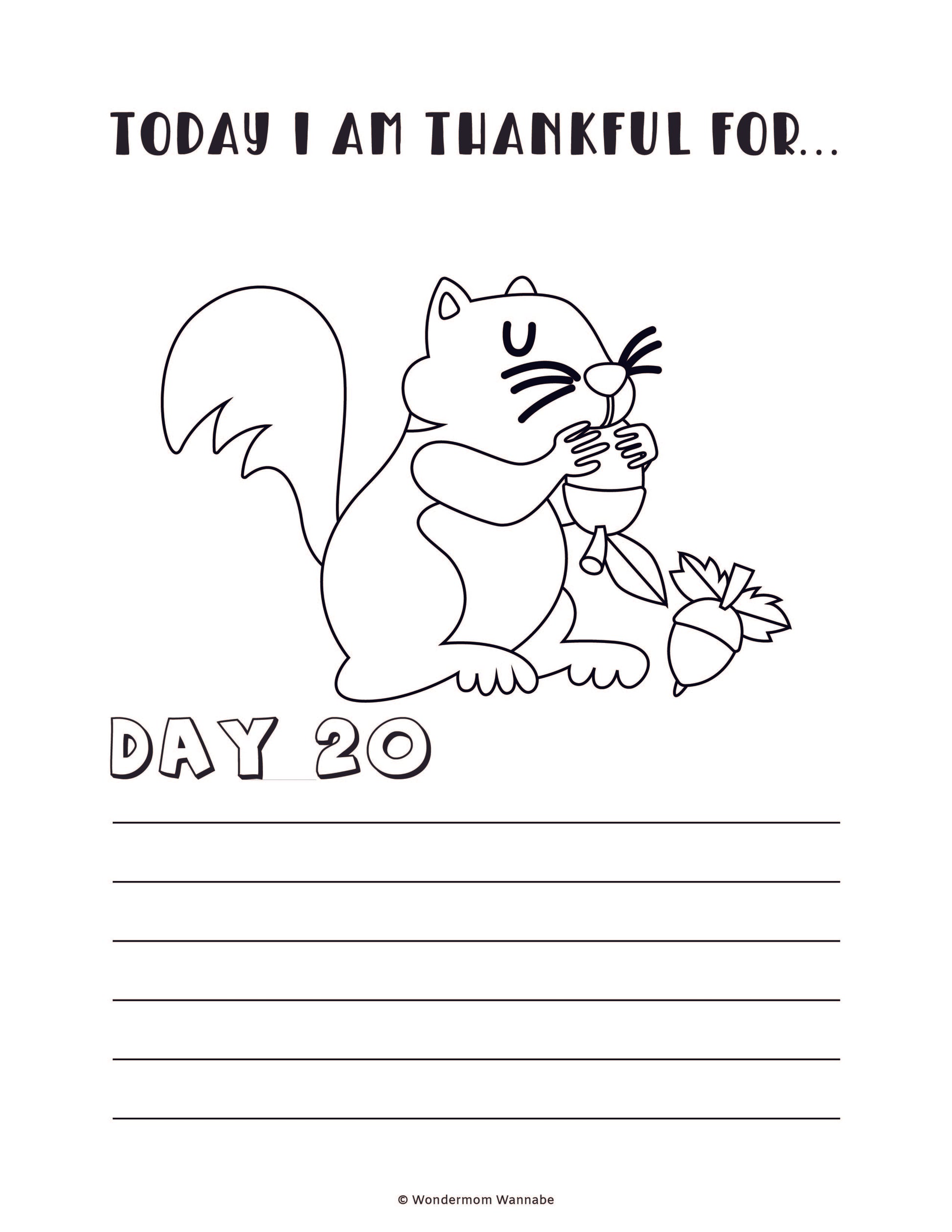 In the "Gratitude Journal for Kids" by Wondermom Shop, "Day 20" features a coloring page with a squirrel eating a nut, complete with lined space below for writing. The title reads "Today I am thankful for...". This charming addition to any child's gratitude journal is also available as a digital product.