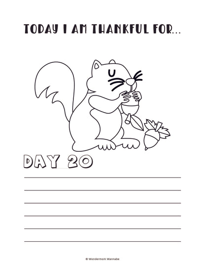 In the "Gratitude Journal for Kids" by Wondermom Shop, "Day 20" features a coloring page with a squirrel eating a nut, complete with lined space below for writing. The title reads "Today I am thankful for...". This charming addition to any child's gratitude journal is also available as a digital product.