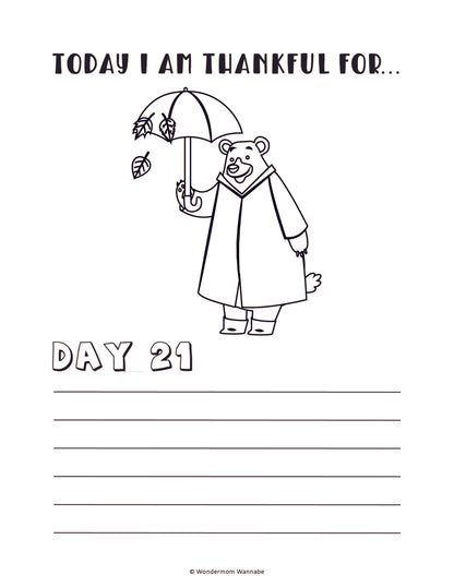 A bear wearing a raincoat and holding an umbrella is featured on Day 21 of the "Gratitude Journal for Kids" by Wondermom Shop, with space for writing below in this fun kids' digital product.