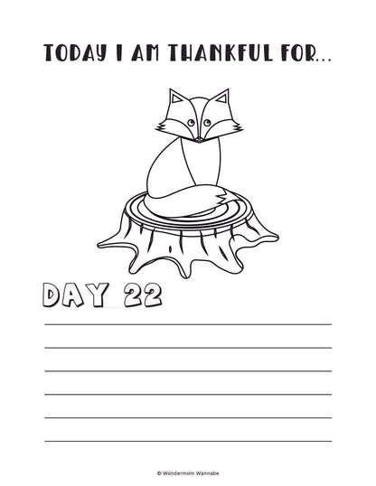 A coloring page from the "Gratitude Journal for Kids" by Wondermom Shop featuring a fox sitting on a tree stump, titled "Today I Am Thankful For..." with "Day 22" and space below for writing. A perfect addition to a gratitude journal or as a fun digital product for children.