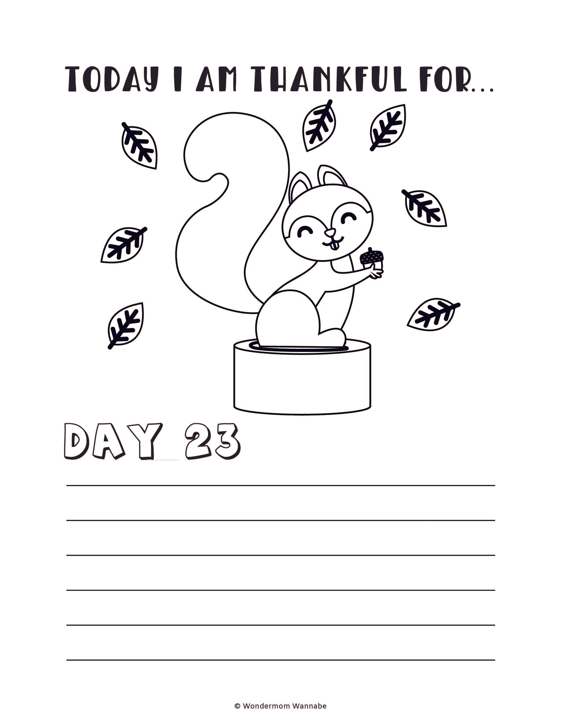 Black and white illustration of a squirrel holding an acorn, surrounded by falling leaves. The text reads "Today I Am Thankful For... Day 23", with space below for writing. Perfect for the Gratitude Journal for Kids by Wondermom Shop or as a digital product to inspire daily reflection.