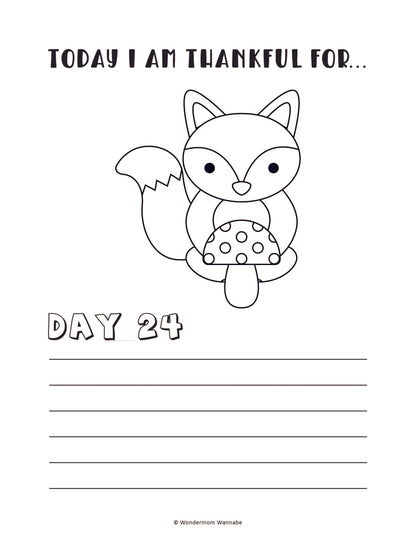 A delightful digital product from Wondermom Shop, this coloring page from the "Gratitude Journal for Kids" features a charming fox holding a mushroom, labeled "Today I am thankful for... Day 24," with space below for writing. It's perfect for kids to add to their gratitude journal.