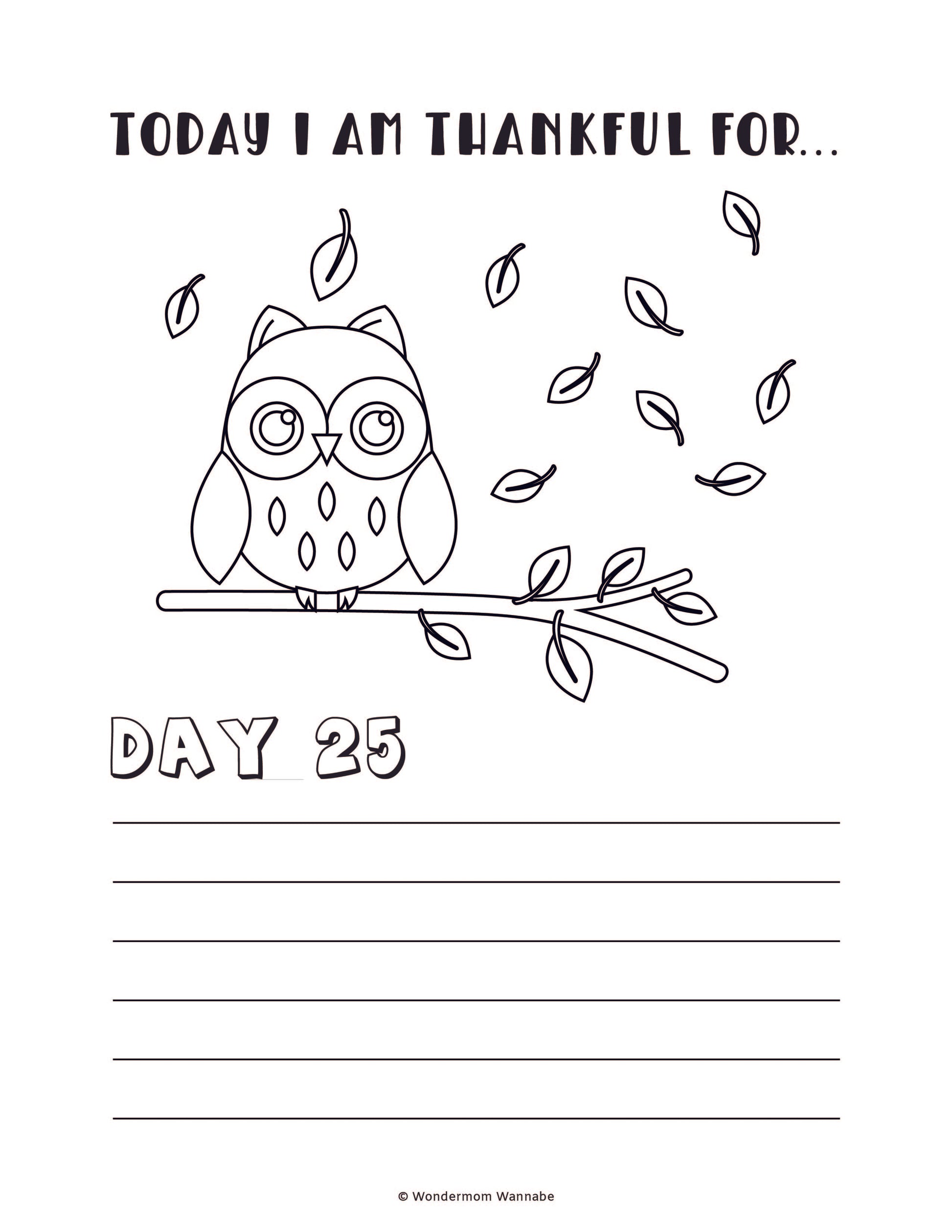 The "Gratitude Journal for Kids" from Wondermom Shop offers a digital coloring page featuring an owl on a branch with falling leaves. Titled "Today I am thankful for..." and marked as "Day 25," it includes lines for writing, making it an ideal addition to a gratitude journal.