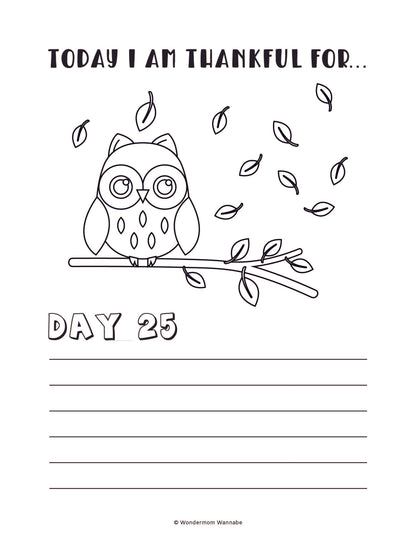 The "Gratitude Journal for Kids" from Wondermom Shop offers a digital coloring page featuring an owl on a branch with falling leaves. Titled "Today I am thankful for..." and marked as "Day 25," it includes lines for writing, making it an ideal addition to a gratitude journal.