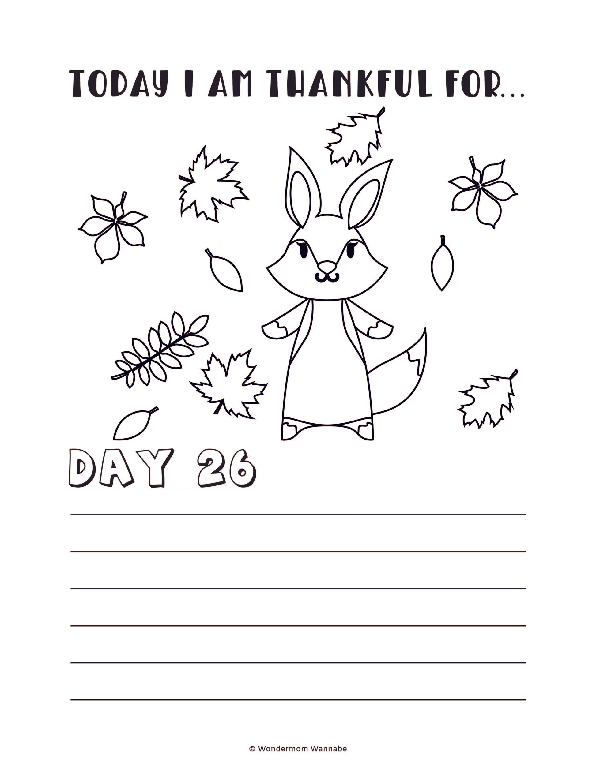 The "Gratitude Journal for Kids" by Wondermom Shop features a page titled "Today I Am Thankful For..." with "Day 26." Adorned with a charming fox illustration surrounded by leaves and ample writing space, this digital product is perfect for encouraging little ones to express their gratitude daily.