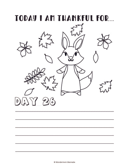 The "Gratitude Journal for Kids" by Wondermom Shop features a page titled "Today I Am Thankful For..." with "Day 26." Adorned with a charming fox illustration surrounded by leaves and ample writing space, this digital product is perfect for encouraging little ones to express their gratitude daily.