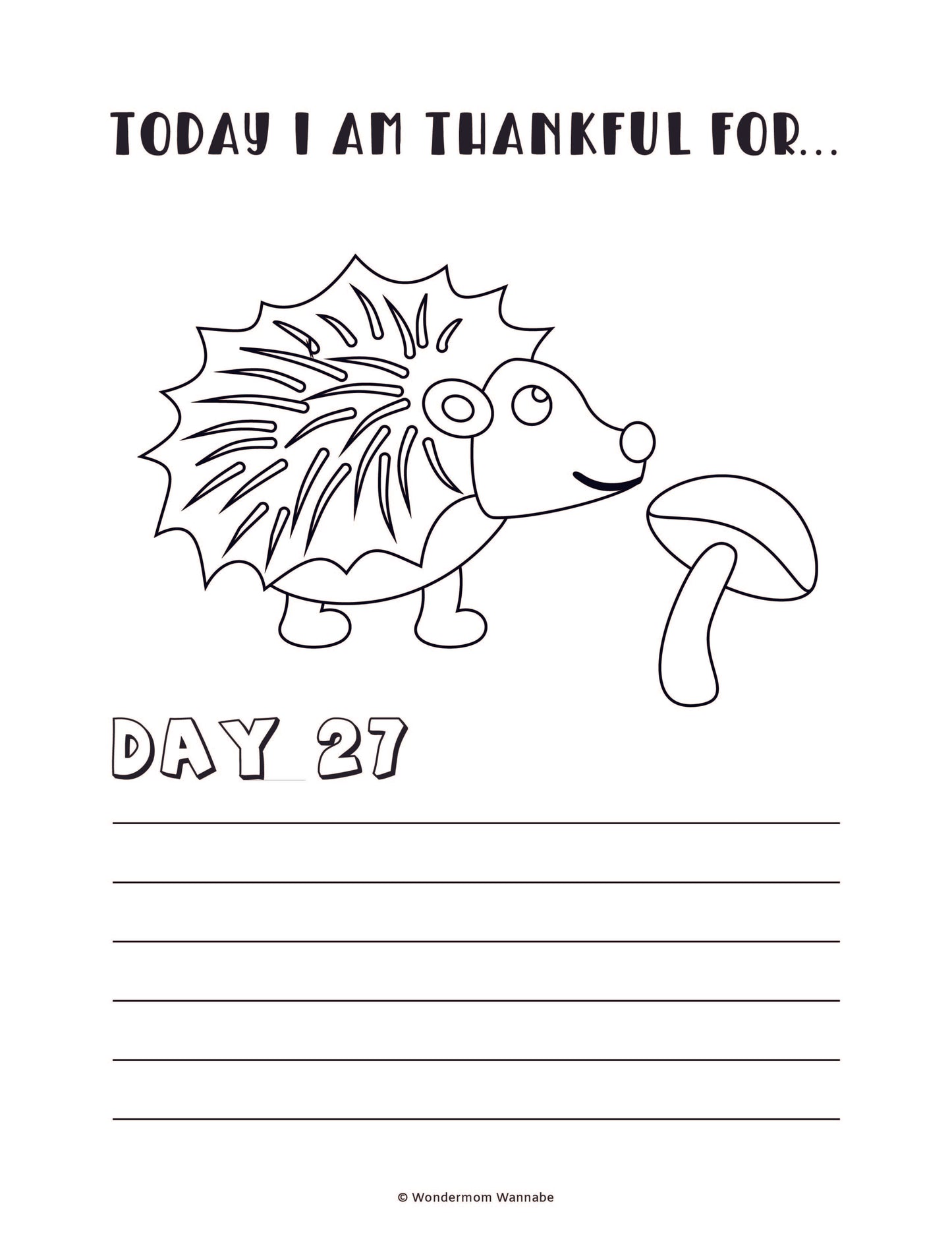 The "Gratitude Journal for Kids" from Wondermom Shop is a digital product featuring a coloring sheet with a charming hedgehog and mushroom illustration. The text at the top says "Today I am thankful for..." and "Day 27," followed by empty lines for writing, making it perfect for kids to use as part of their gratitude journal.