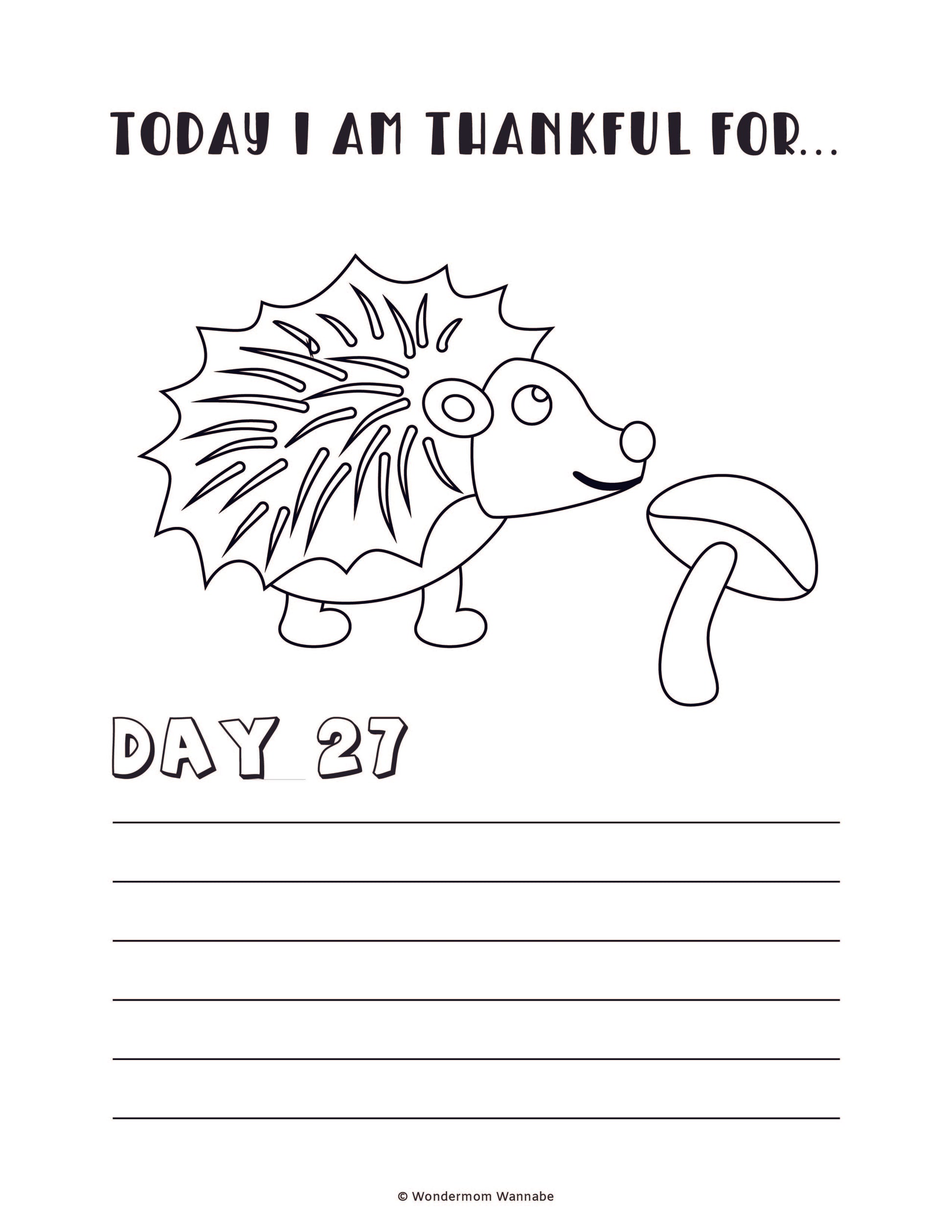 The "Gratitude Journal for Kids" from Wondermom Shop is a digital product featuring a coloring sheet with a charming hedgehog and mushroom illustration. The text at the top says "Today I am thankful for..." and "Day 27," followed by empty lines for writing, making it perfect for kids to use as part of their gratitude journal.