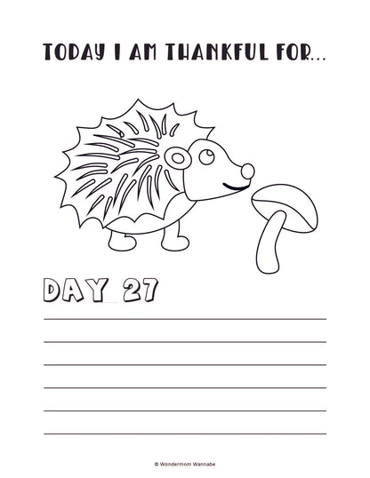 The "Gratitude Journal for Kids" from Wondermom Shop is a digital product featuring a coloring sheet with a charming hedgehog and mushroom illustration. The text at the top says "Today I am thankful for..." and "Day 27," followed by empty lines for writing, making it perfect for kids to use as part of their gratitude journal.