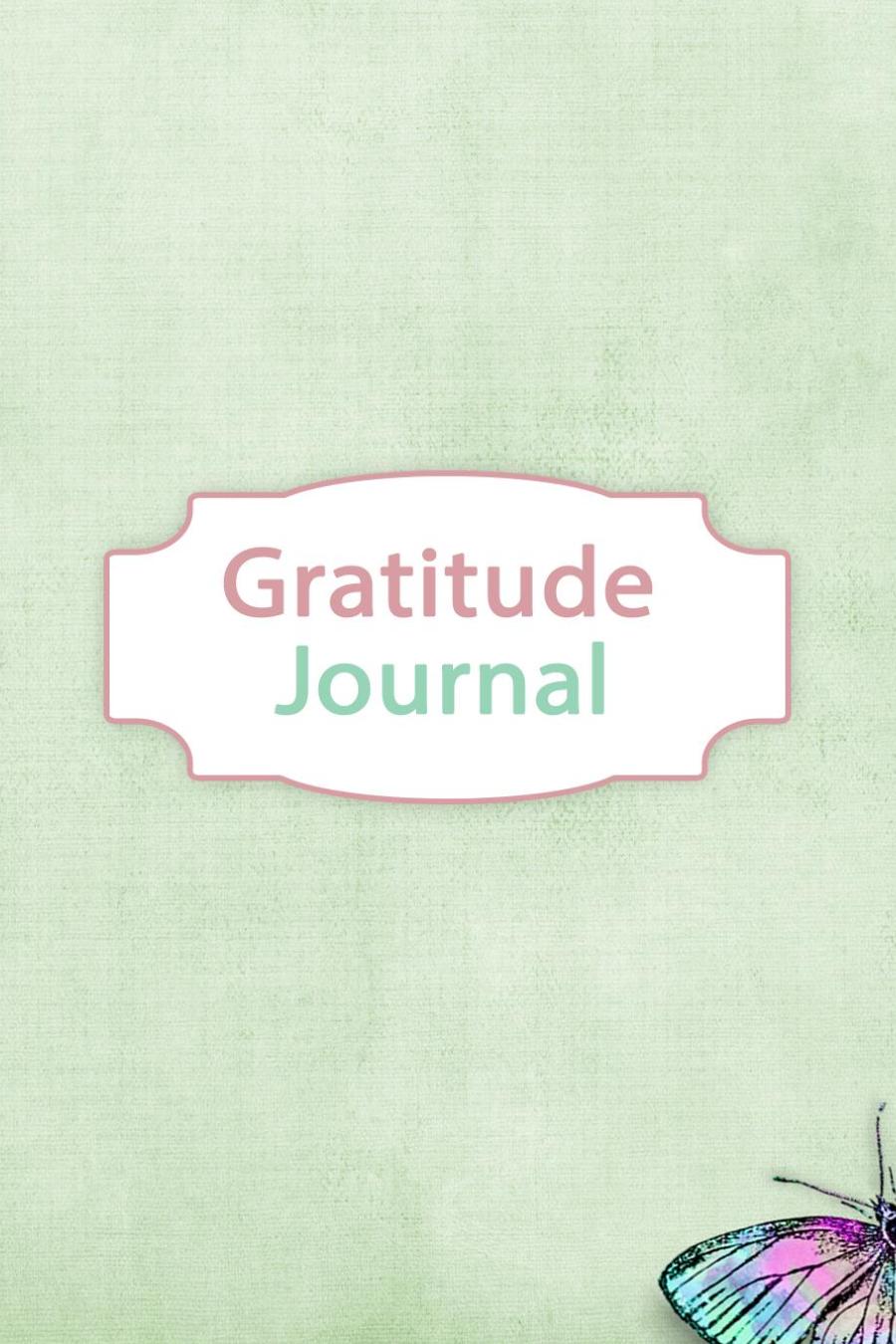 A cover of a digital product, the 30 Days of Gratitude Bundle from Wondermom Shop, features a pastel green background with 'Gratitude Journal' text in a framed white box, and a small multicolored butterfly at the bottom right corner.