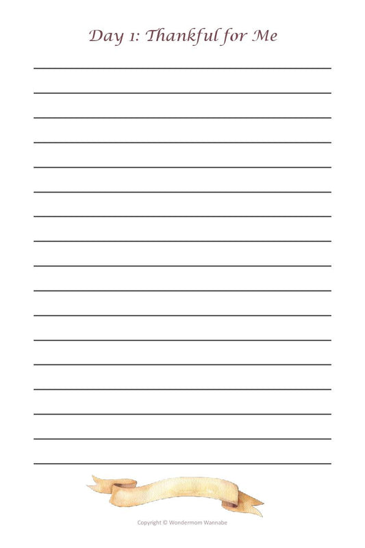 A lined page titled "Day 1: Thankful for Me" with space for writing and a ribbon illustration at the bottom, making it perfect for starting your journey with the Gratitude Journal (30 Days of Gratitude Workbook) by Wondermom Shop.