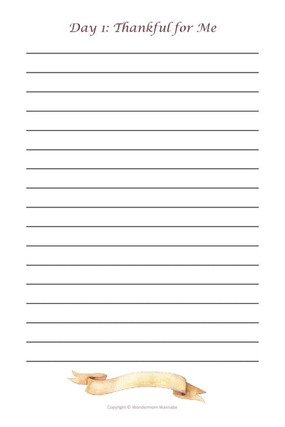 A digital product page titled "Day 1: Thankful for Me" features lines for writing and a small ribbon illustration at the bottom. The copyright indicates Wondermom Shop. This beautiful Gratitude Journal is perfect for kicking off your 30 Days of Gratitude journey, part of the 30 Days of Gratitude Bundle.