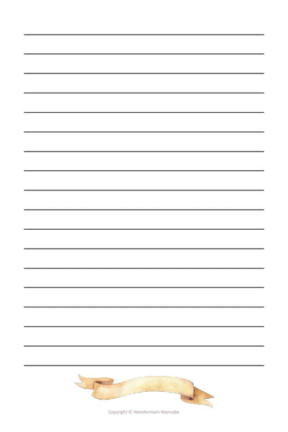 Decorative lined paper with a ribbon at the bottom, perfect for journaling your gratitude, from the "30 Days of Gratitude Bundle" by Wondermom Shop.