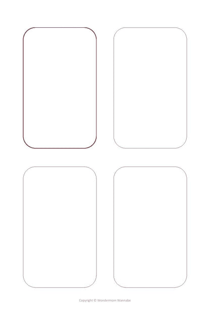 A sheet from the "30 Days of Gratitude Bundle" by Wondermom Shop features four blank, rounded-rectangle card templates arranged in two rows of two. The top-left template has a dark border, while the others have light borders. Perfect for your "30 Days of Gratitude" journal or any digital product, "Copyright © Wondermom Shop" is centered at the bottom.