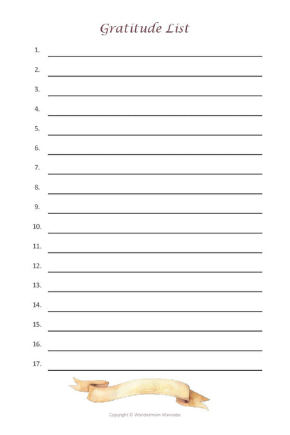 Here's your rewritten sentence using the given product data:

The Gratitude Journal (30 Days of Gratitude Workbook) by Wondermom Shop features a blank gratitude list with 17 numbered lines, ideal for your Attitude of Gratitude practice, and includes a decorative scroll at the bottom.