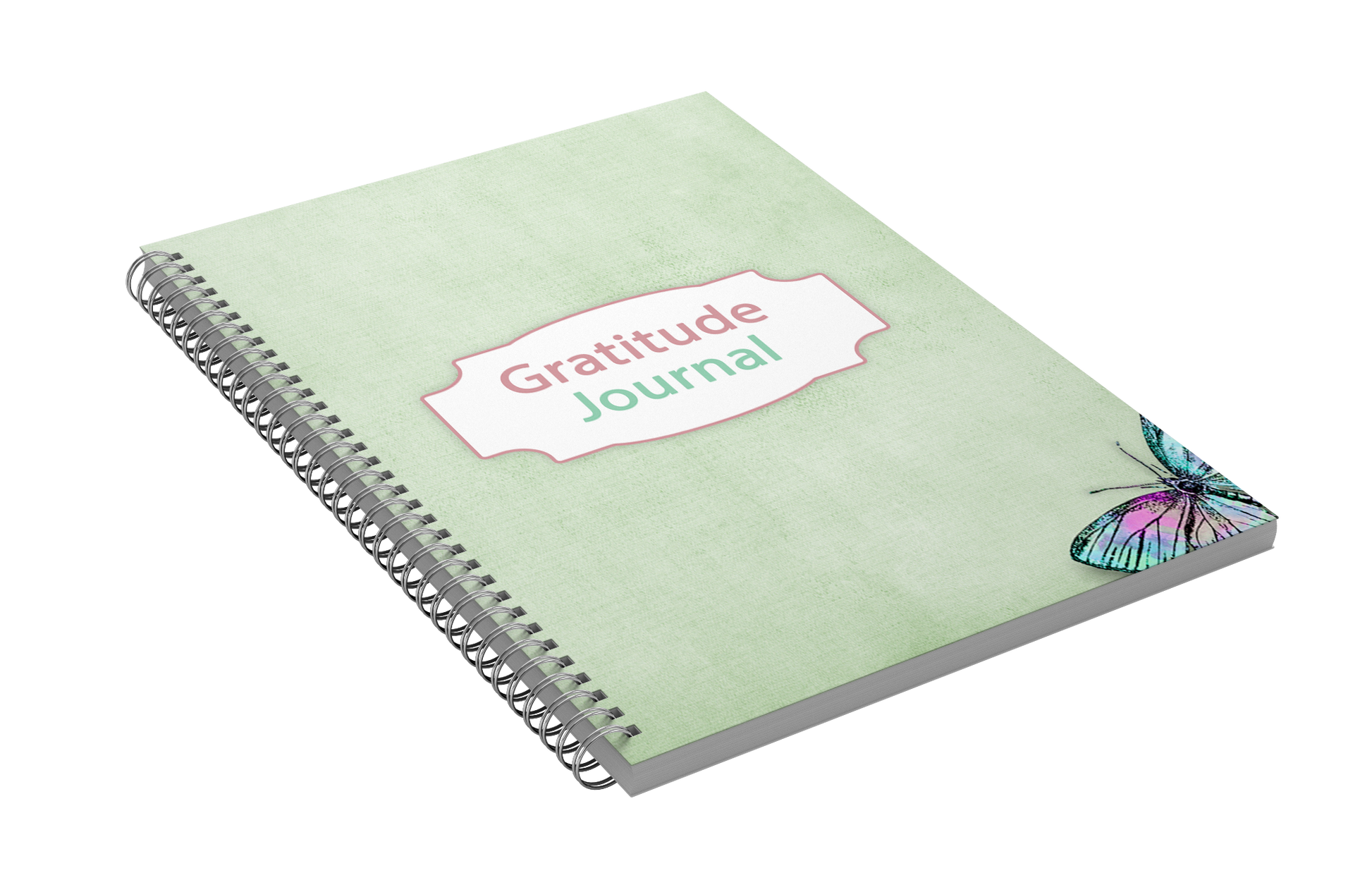This Wondermom Shop Gratitude Journal features a light green spiral-bound cover adorned with a vibrant butterfly illustration in the bottom right corner. The center displays the title "30 Days of Gratitude Workbook," offering daily prompts designed to help cultivate a grateful mindset.