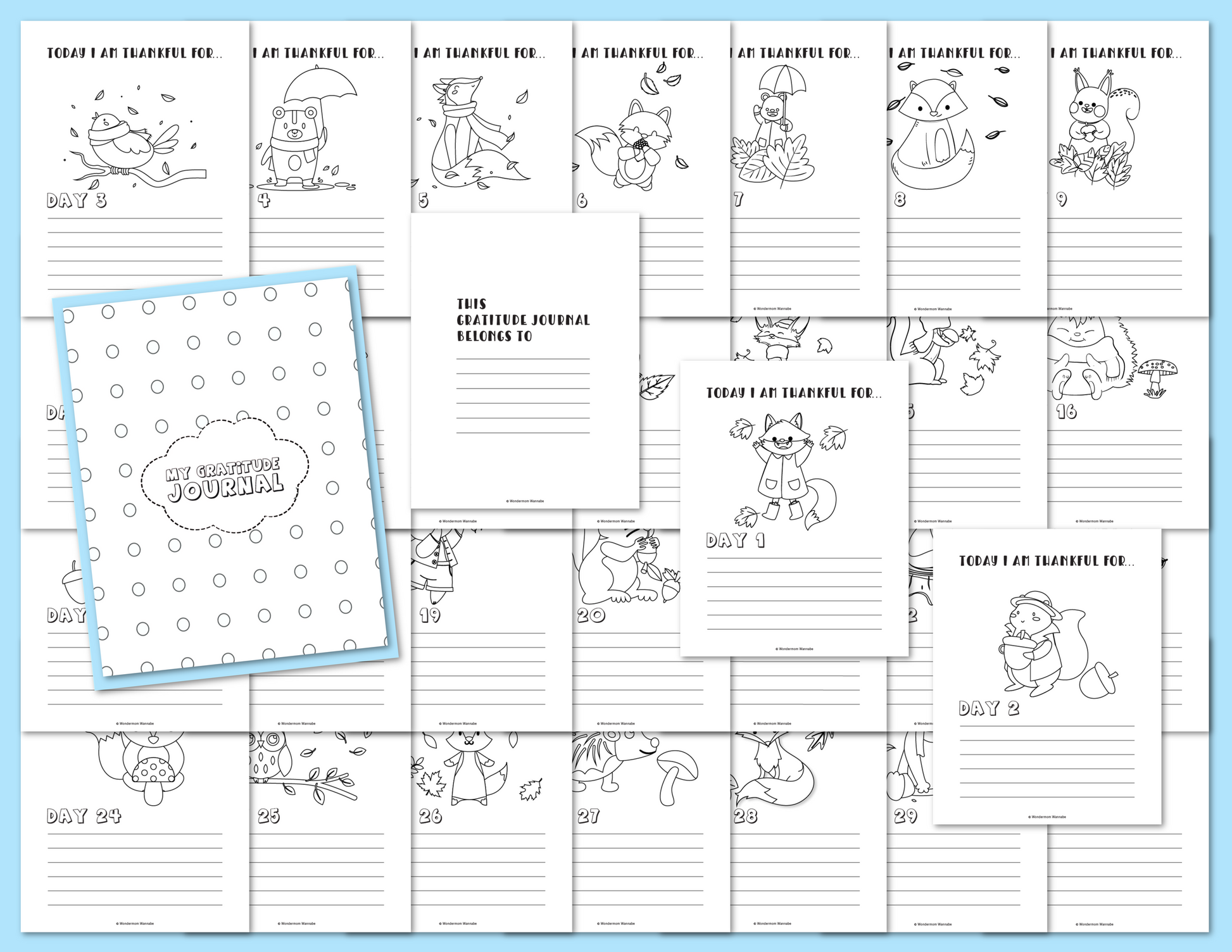 Introducing the **Gratitude Journal for Kids** by **Wondermom Shop**, a digital journal featuring black-and-white illustrations of various animals and activities, along with daily writing prompts to inspire gratitude in children, conveniently accessible anytime.