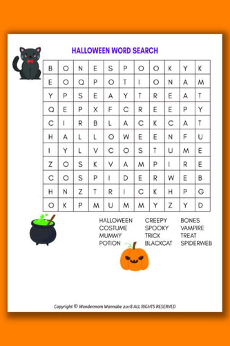 VIP Vault's Halloween Word Search for Kids.