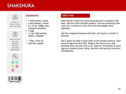 The 5-Ingredient Healthy Recipes Digital Cookbook by Wondermom Wannabe features a shakshuka recipe card with ingredients, nutrition info, and easy directions on a white background with a red header—ideal for healthy cooking fans.