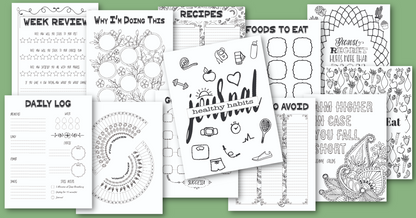 The Healthy Habits Journal by Wondermom Shop offers printable black-and-white worksheets, coloring pages, and a Food & Workout Tracker, all shown on a green background.