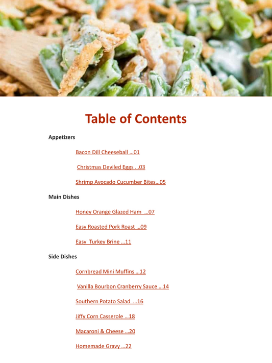 A Wondermom Wannabe's Family's Favorite Holiday Recipes Digital Cookbook featuring delicious recipes for green beans and broccoli dishes, complete with a convenient table of contents.
