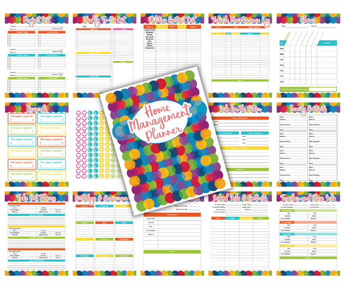 Colorful polka-dot Home Management Planners from Wondermom Shop to simplify your life and stay on top of responsibilities.